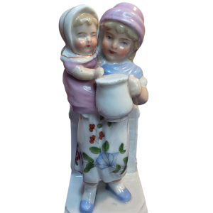 Antique French Porcelain Match Striker Figurine Of Woman With Baby Girl